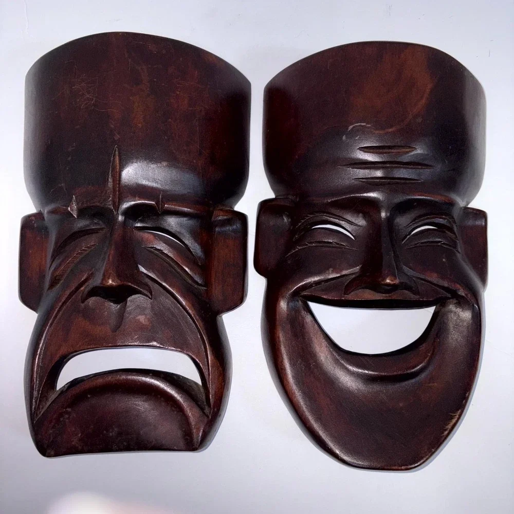 2 Vintage Hand Carved Wood Comedy Tragedy Drama Masks Natural Varnished Wall Art